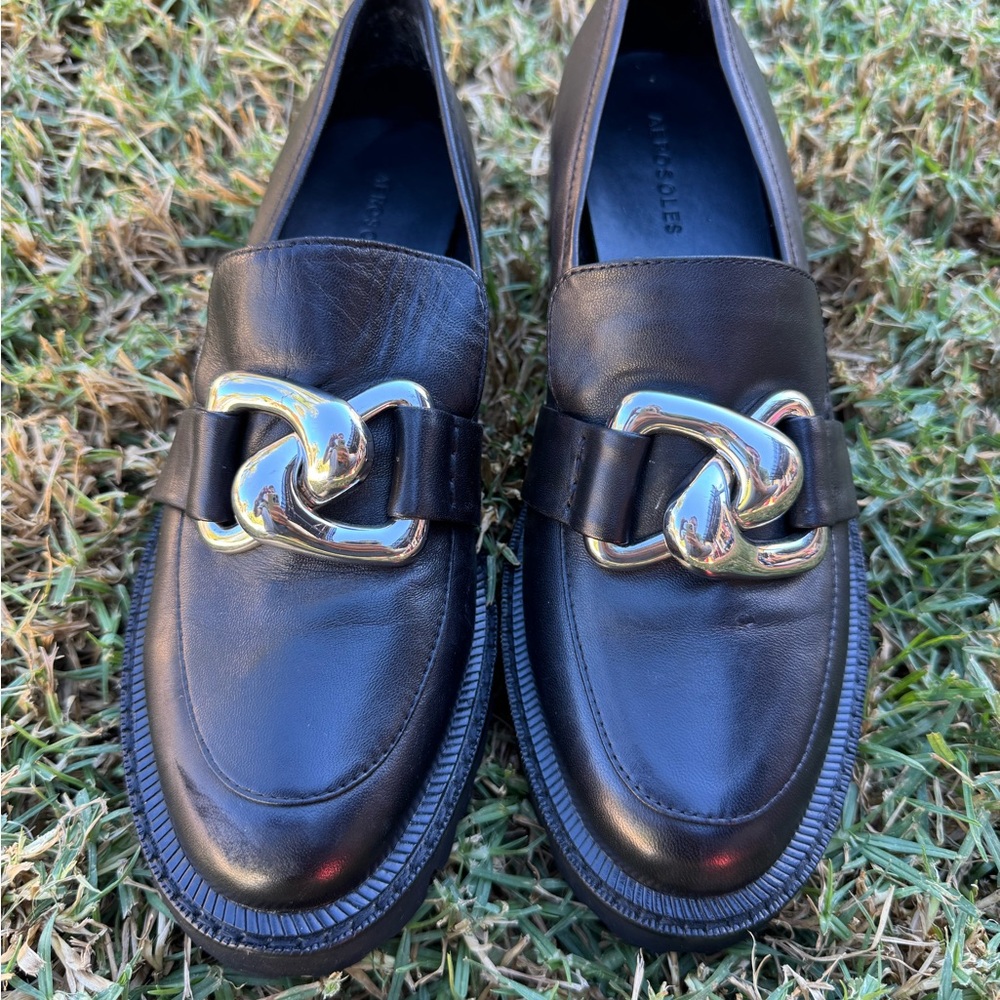 Aerosoles Lilia Lug Loafers Women Black Leather Chunky Buckle Preppy Maximal